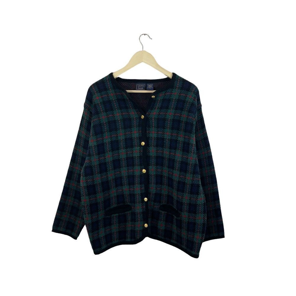 Vintage Laura Scott X-Large Sweater Cardigan Plaid Acrylic Knit Womens